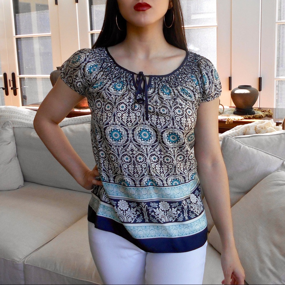 🌊 Ruched Puffy Sleeve Patterned Silk Blouse 💙
